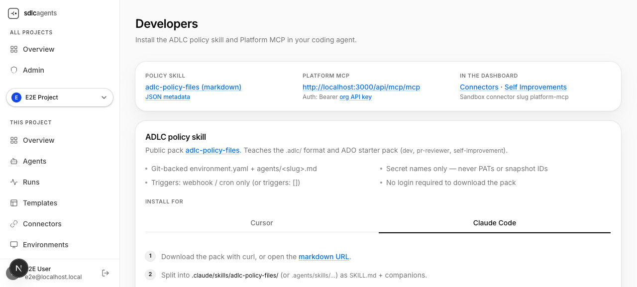 Developers page for installing ADLC MCP with OAuth and the policy skill