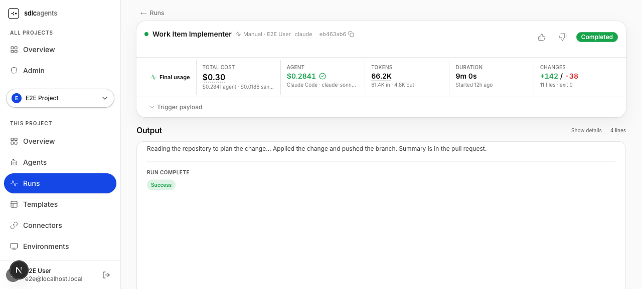 Run detail with cost, tokens, file changes, and output summary